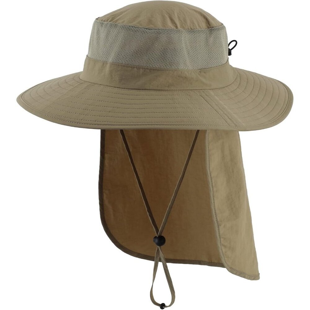 Unisex Olive 100% Polyester Wide Brim Mesh Vent Neck Flap Adjustable Fishing Hat